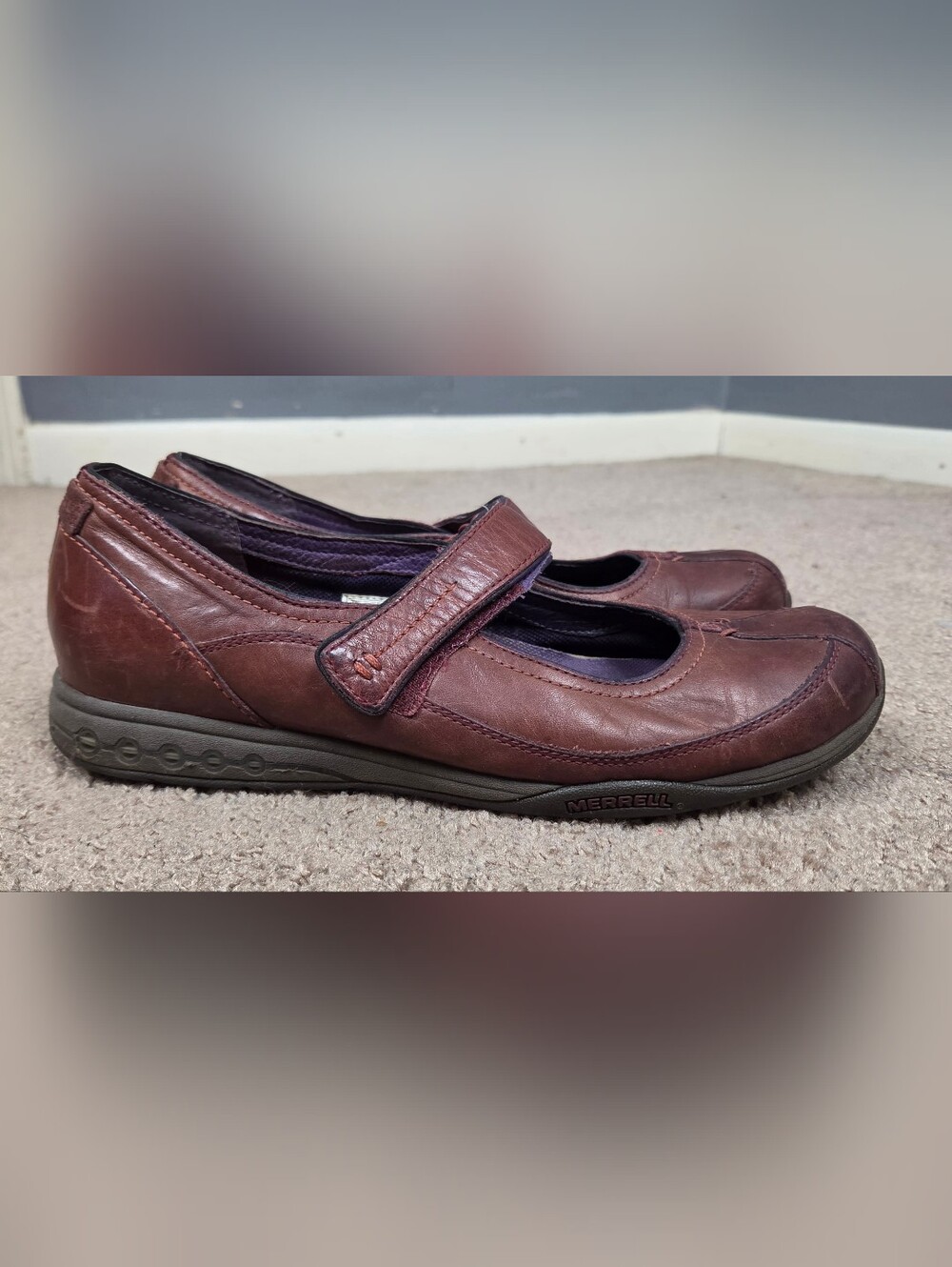 Merrell Leather Mary Jane Flats in Deep Burgundy with Dark Trim